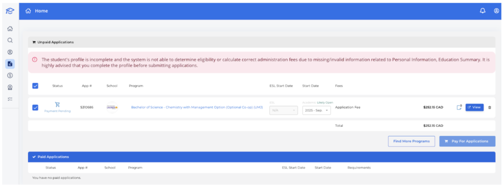 The My Applications page on the ApplyBoard platform, with an application in progress and an error message highlighting missing requirements.